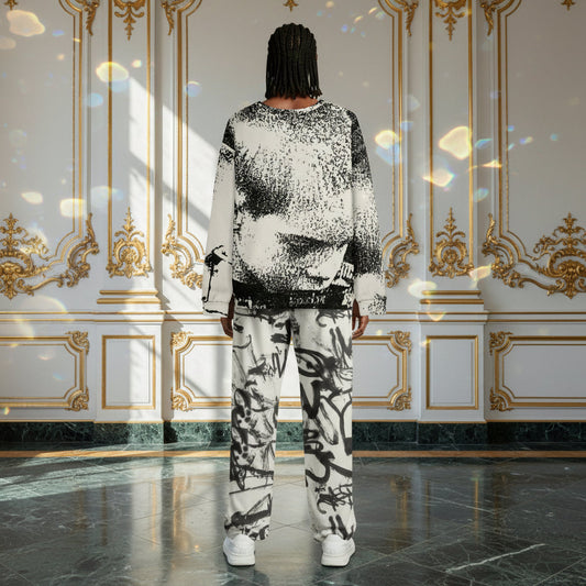 A model viewed from behind wearing a matching black and white abstract patterned sweatshirt and trousers set, standing in a grand room with gold-trimmed white walls and a polished marble floor.