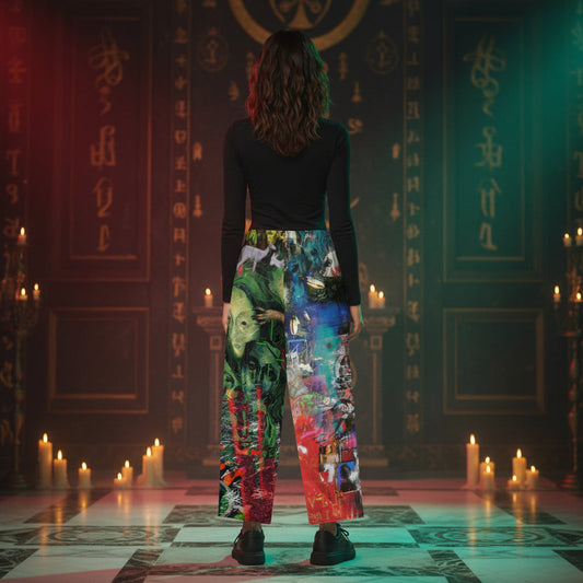 A person stands with their back to the camera in a dark, ornate room with candles, wearing a black long-sleeve top and wide-leg pants featuring a highly colorful, split artistic print.