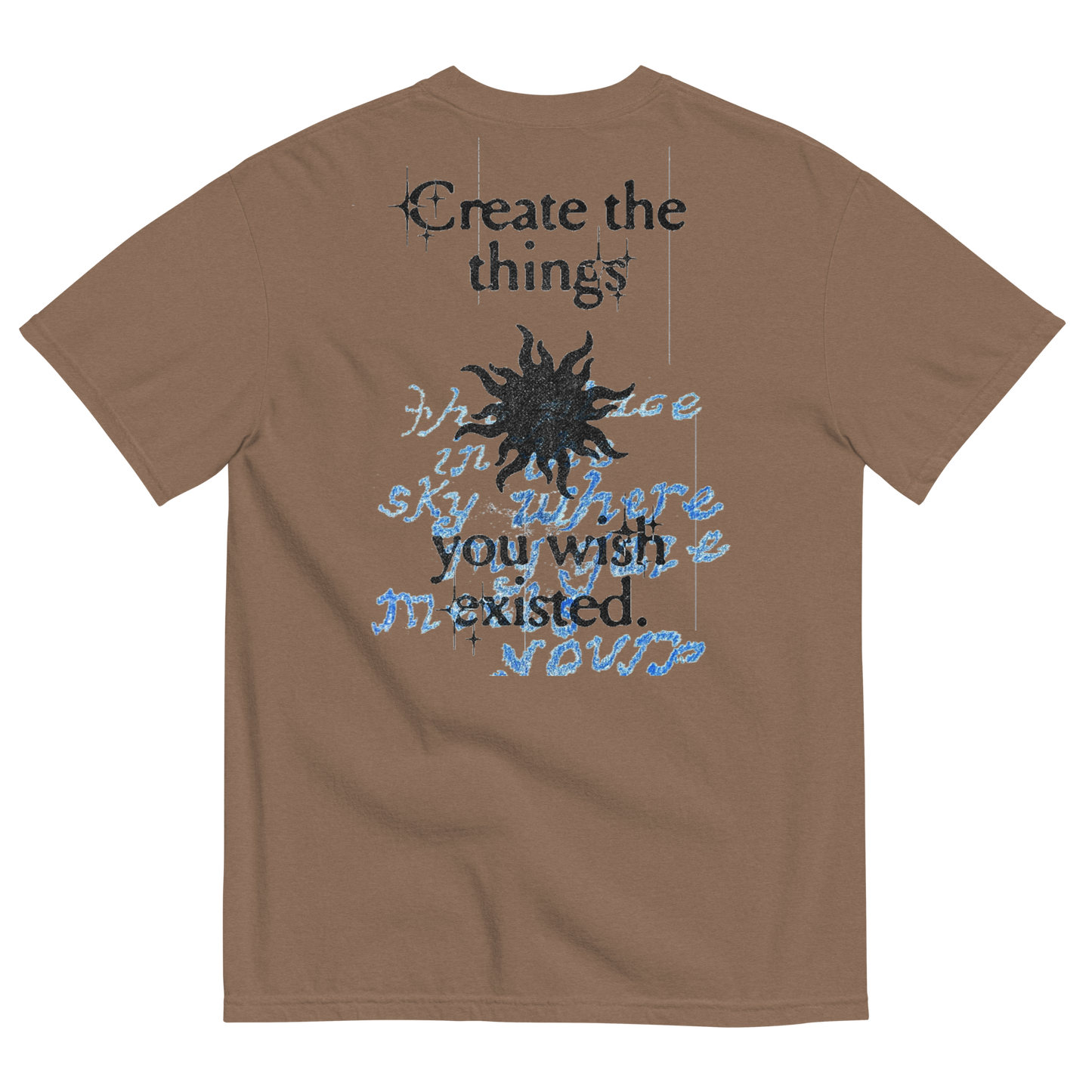 Brown t-shirt with text and sun graphic on the back, on a white background