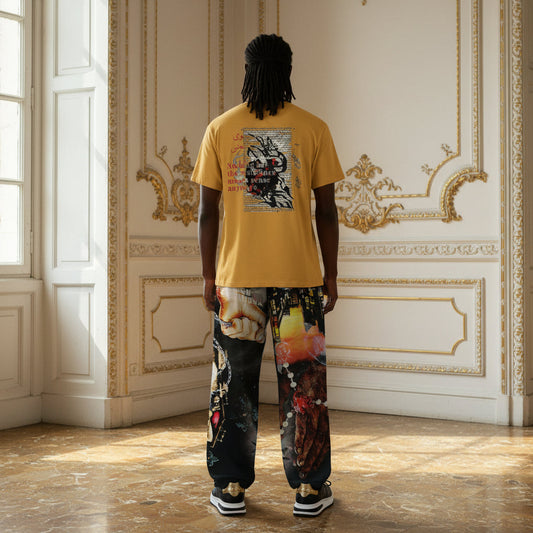 A man stands with his back to the camera in a grand, ornate room with gold-trimmed cream walls and a marble floor, wearing a mustard yellow graphic t-shirt and highly patterned multicolor pants.