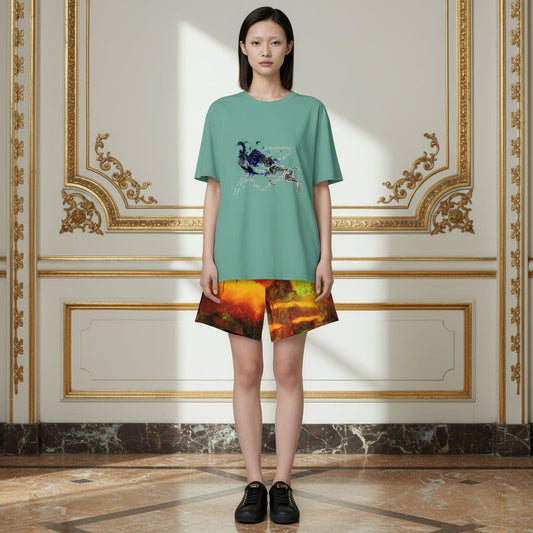 A model stands in a grand, ornate room wearing a sage green t-shirt with a blue peacock graphic and matching multicolor abstract print shorts.