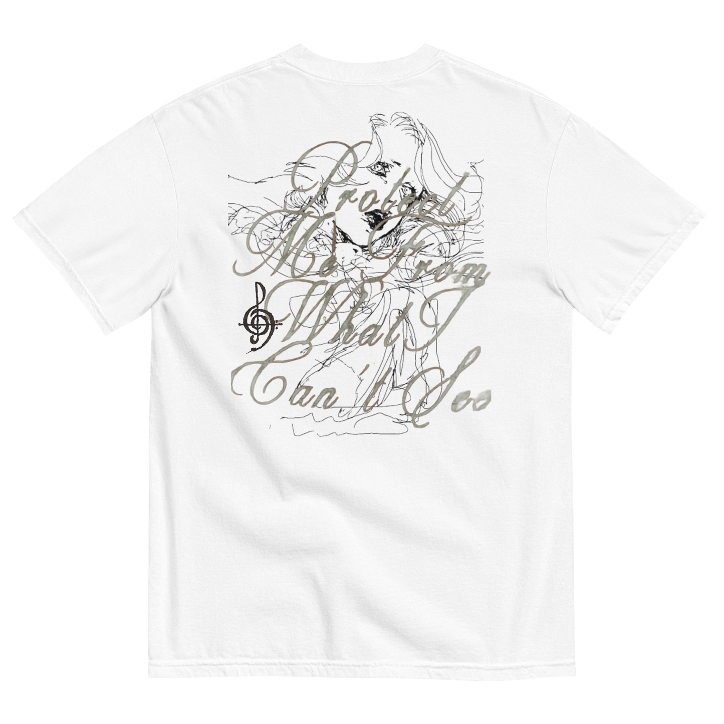 White short-sleeve t-shirt showing the back side with a large graphic print. The graphic features a sketch of a woman with long hair, a musical staff line, and cursive text reading 'Dreaming From What I Can't See' in a muted gray-green color.
