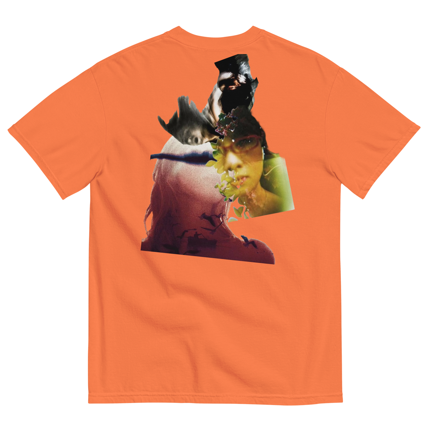 Orange t-shirt with a graphic design of a person's face and animals on a white background