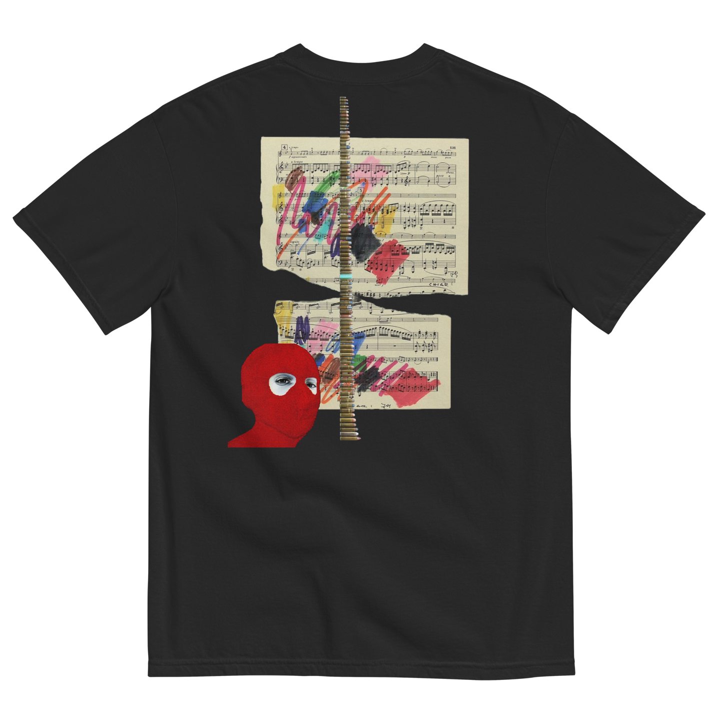 Black t-shirt with a red abstract design and sheet music on a white background