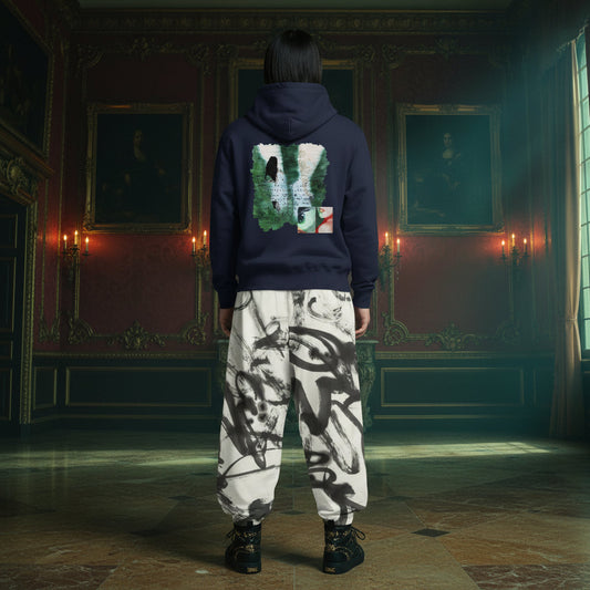 A person standing in a grand, dimly lit historical room, viewed from behind. They are wearing a navy blue hoodie with a large graphic print on the back and loose white sweatpants featuring a black ink sketch pattern.