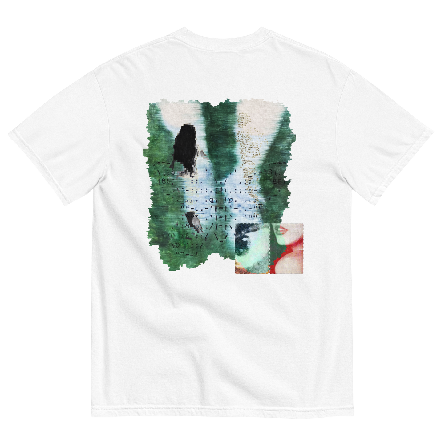 White t-shirt with a graphic design on the back featuring surreal nature elements with emotions
