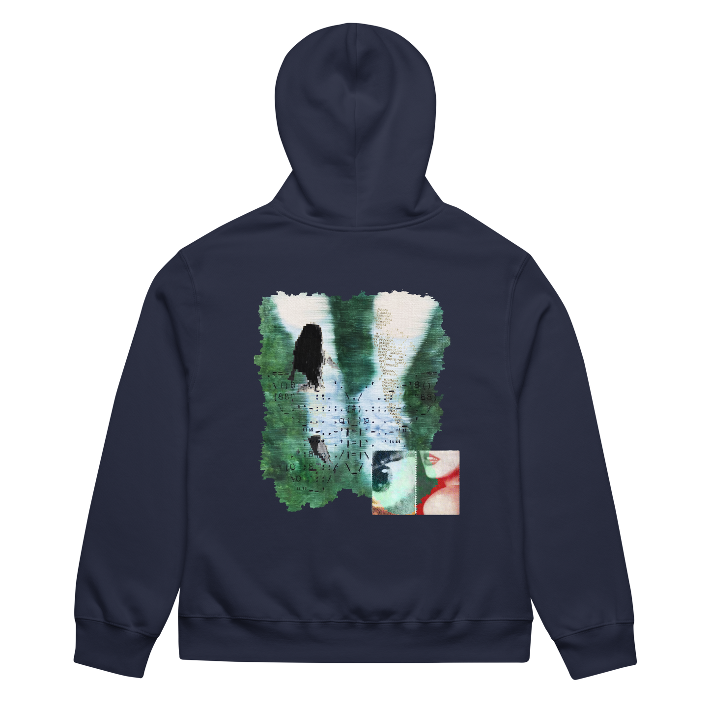 Navy blue hoodie with a colorful graphic on the back against a white background