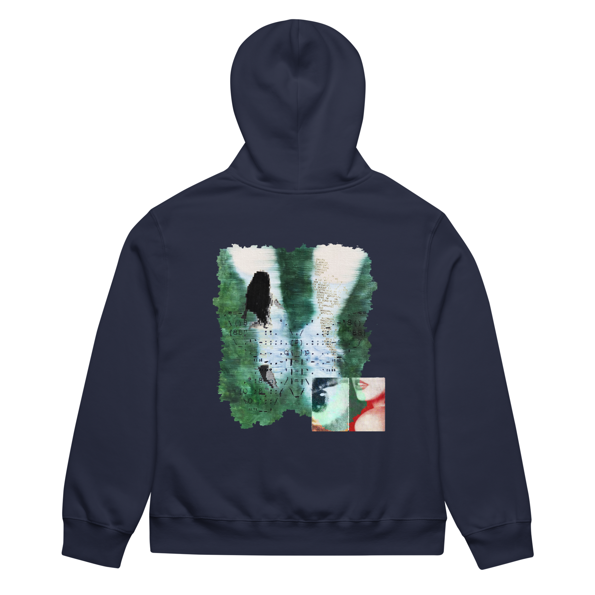 Navy blue hoodie with a colorful graphic on the back against a white background