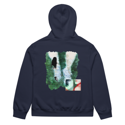 Navy blue hoodie with a colorful graphic on the back against a white background