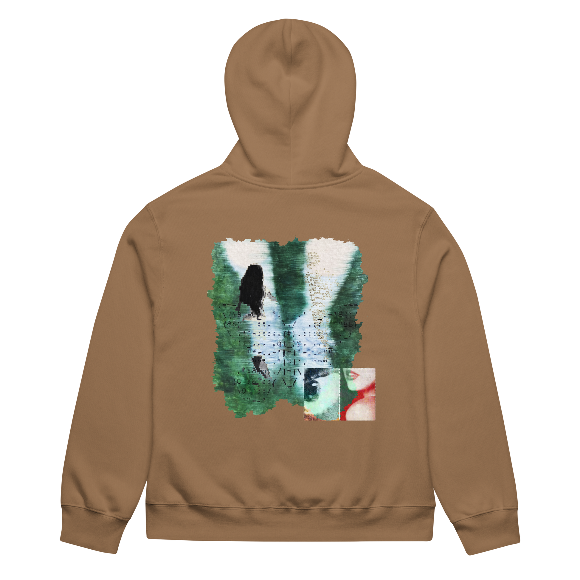Brown hoodie with a colorful graphic on the back against a white background
