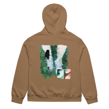 Brown hoodie with a colorful graphic on the back against a white background