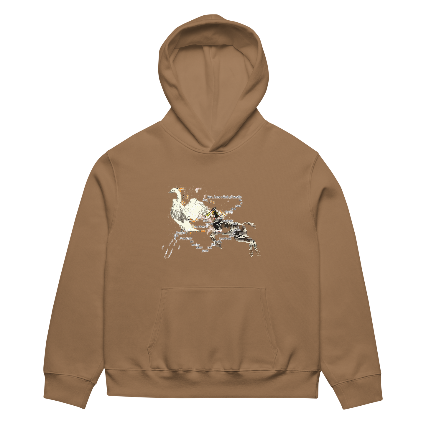 Brown hoodie with a graphic design on the chest against a white background