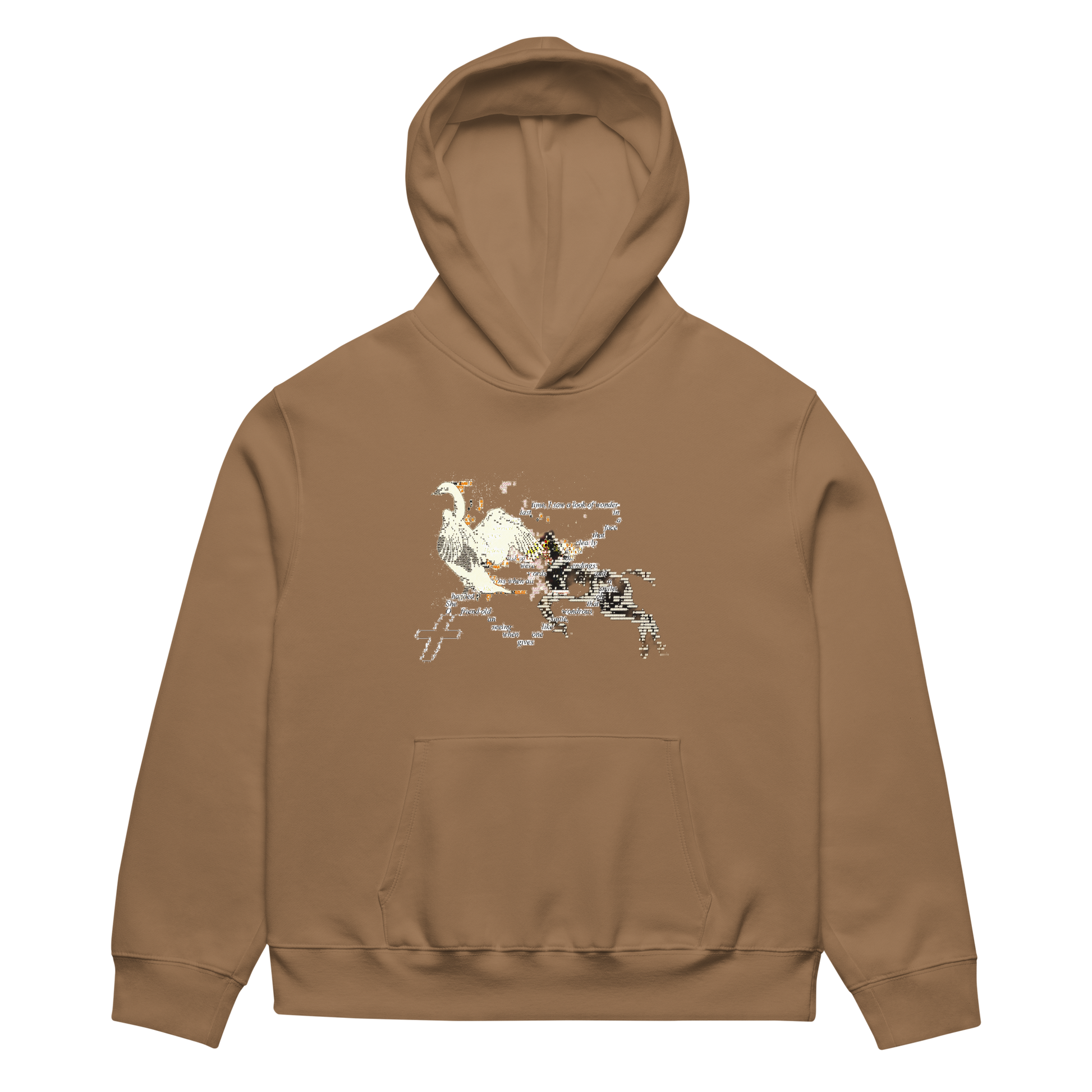 Brown hoodie with a graphic design on the chest against a white background
