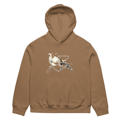 Brown hoodie with a graphic design on the chest against a white background