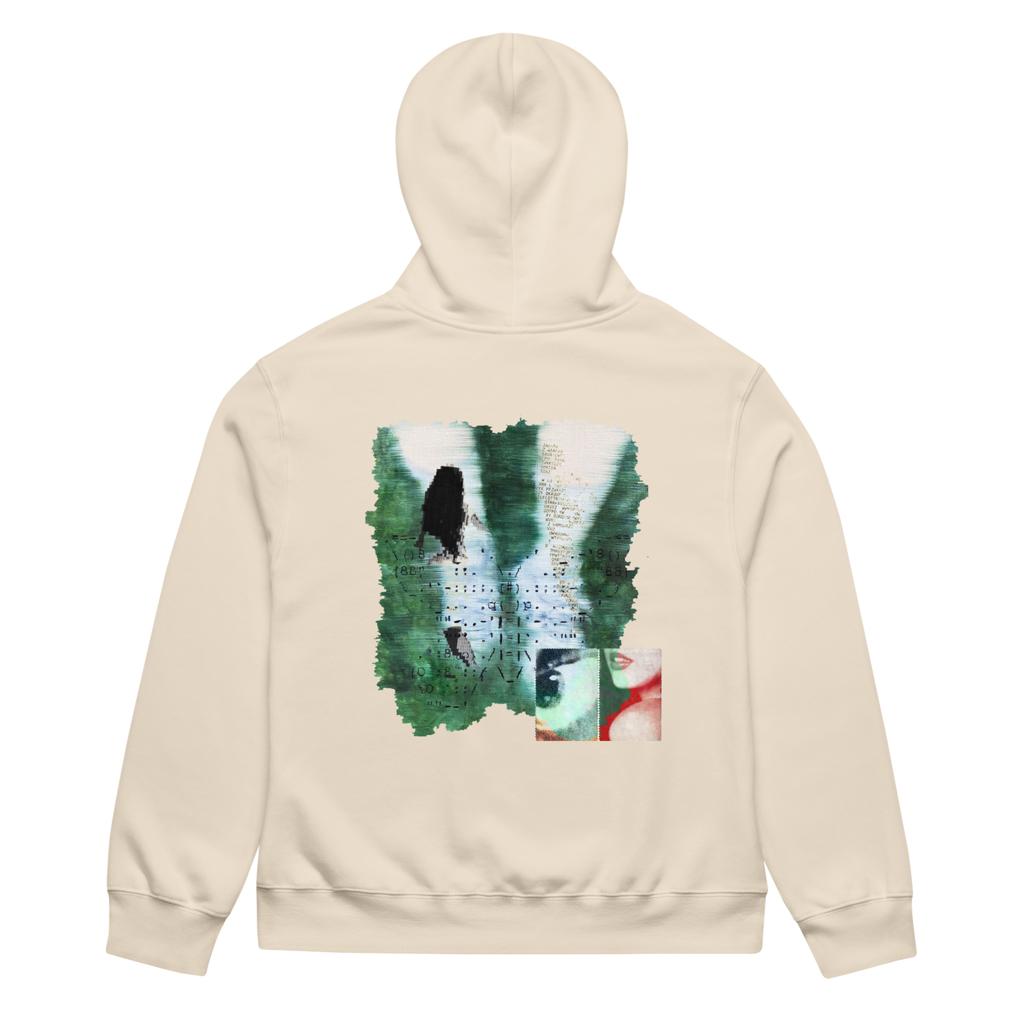 Beige hoodie with a graphic design on the back against a white background