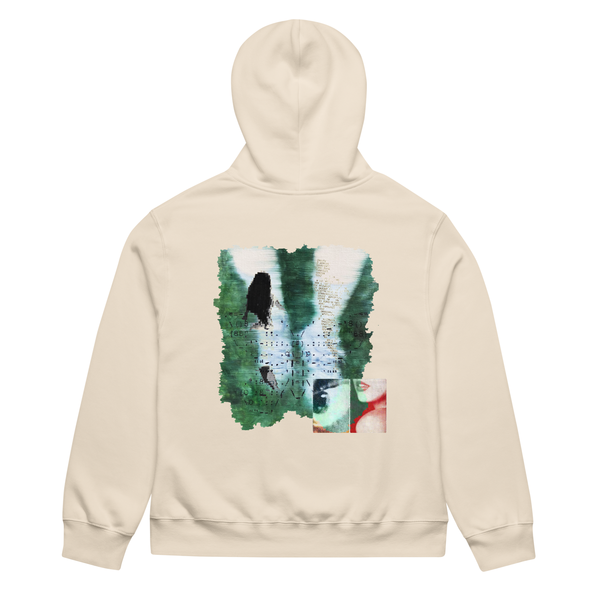 Beige hoodie with a graphic design on the back against a white background