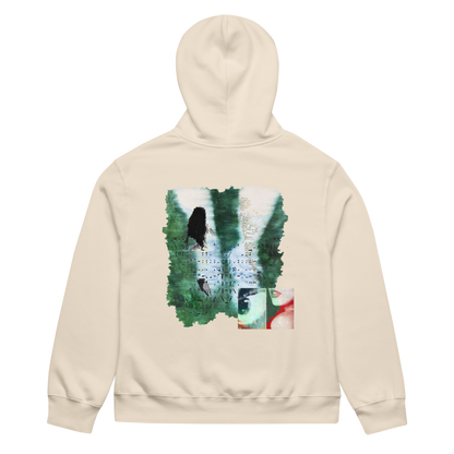 Beige hoodie with a graphic design on the back against a white background