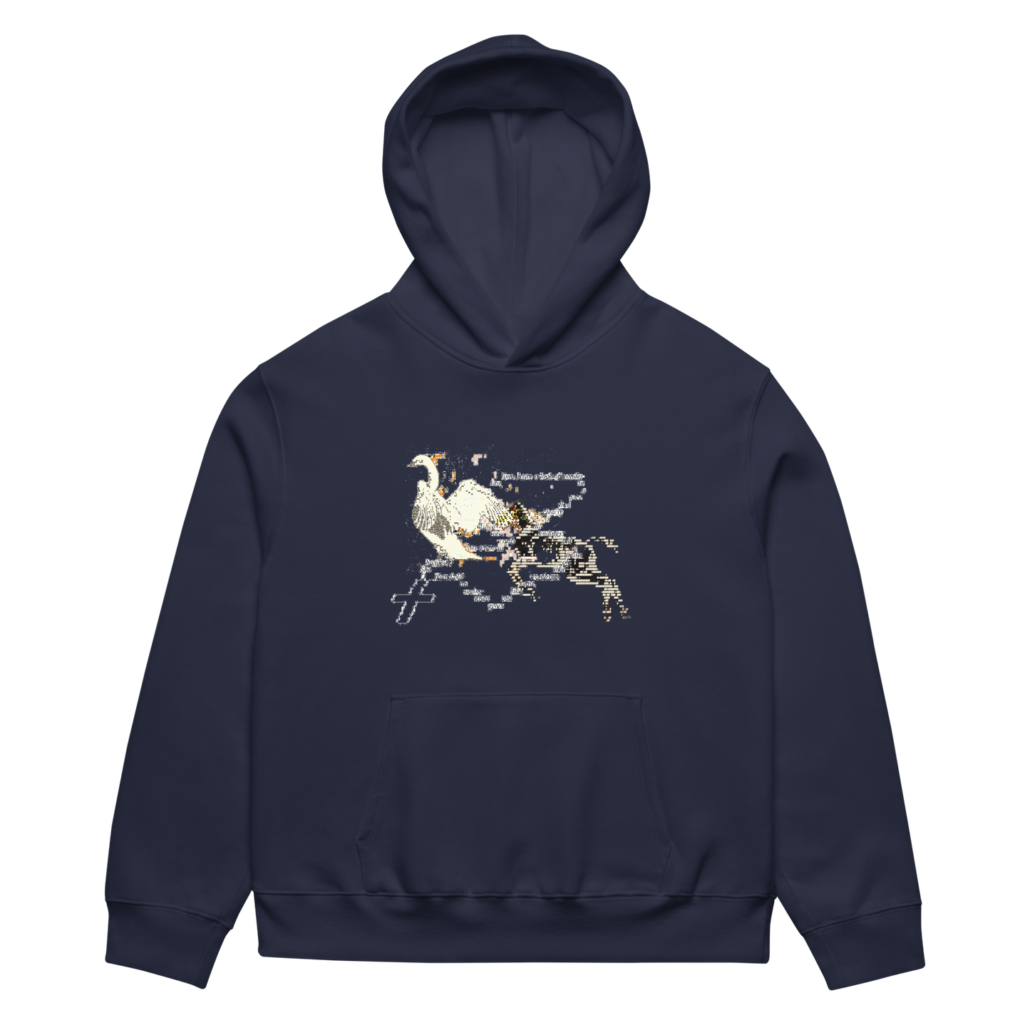 Navy blue hoodie with a graphic design on a white background