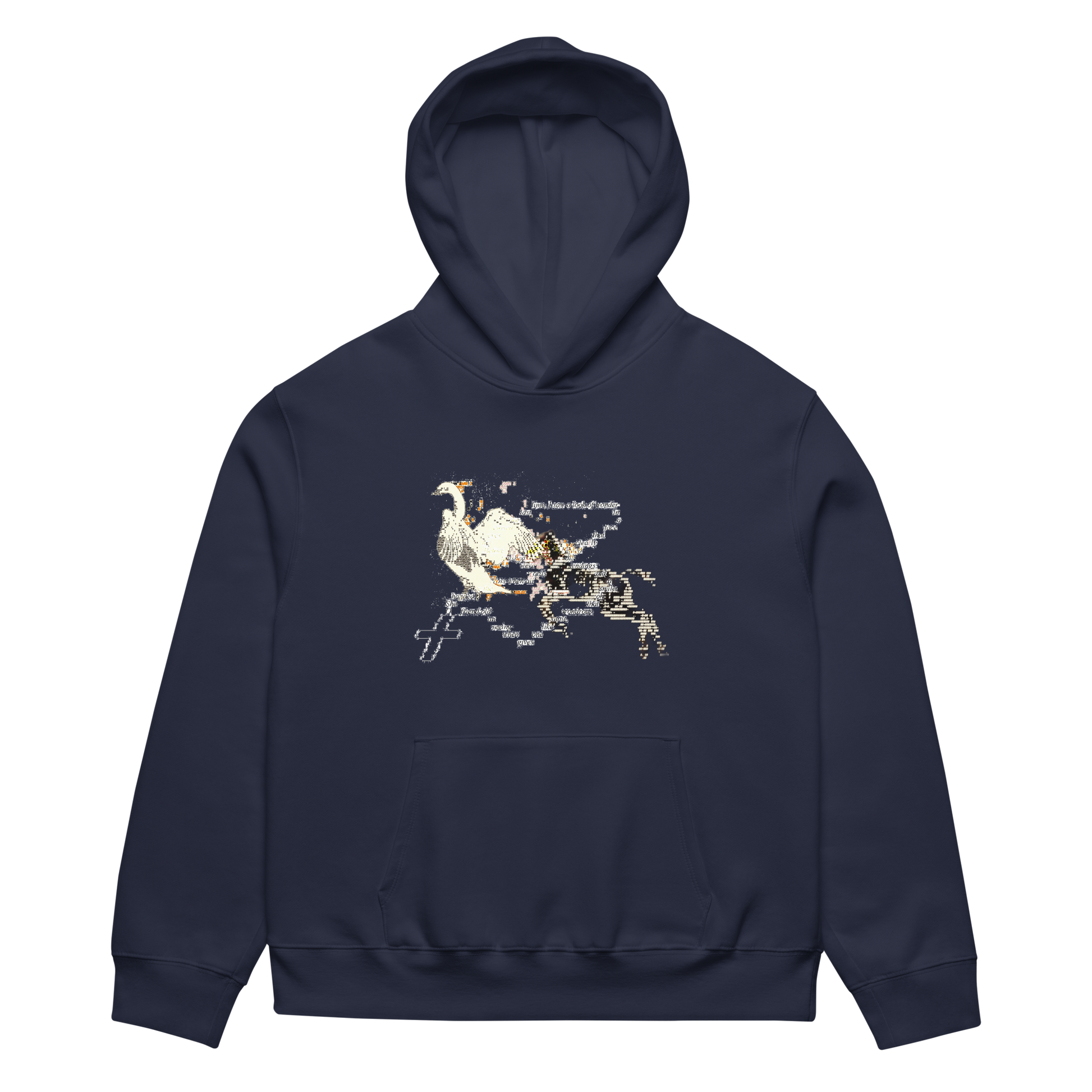 Navy blue hoodie with a graphic design on a white background