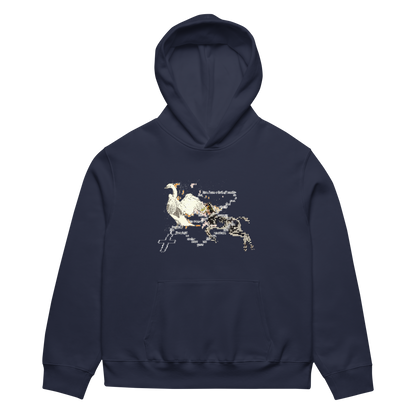Navy blue hoodie with a graphic design on a white background
