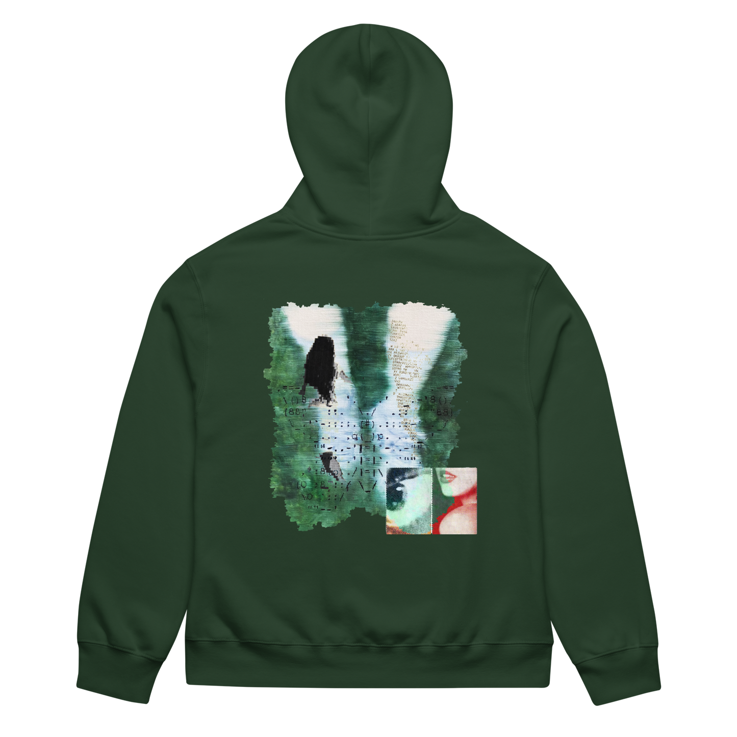 Green hoodie with a graphic design on the back against a white background