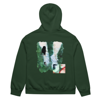 Green hoodie with a graphic design on the back against a white background