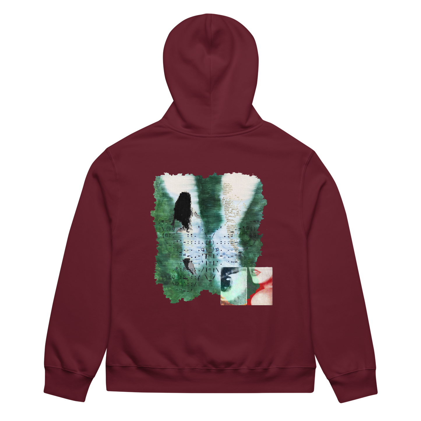 Maroon hoodie with a graphic design on the back against a white background