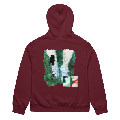Maroon hoodie with a graphic design on the back against a white background