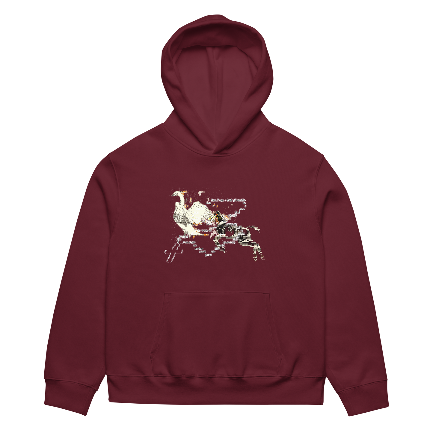 Maroon hoodie with graphic design on a white background