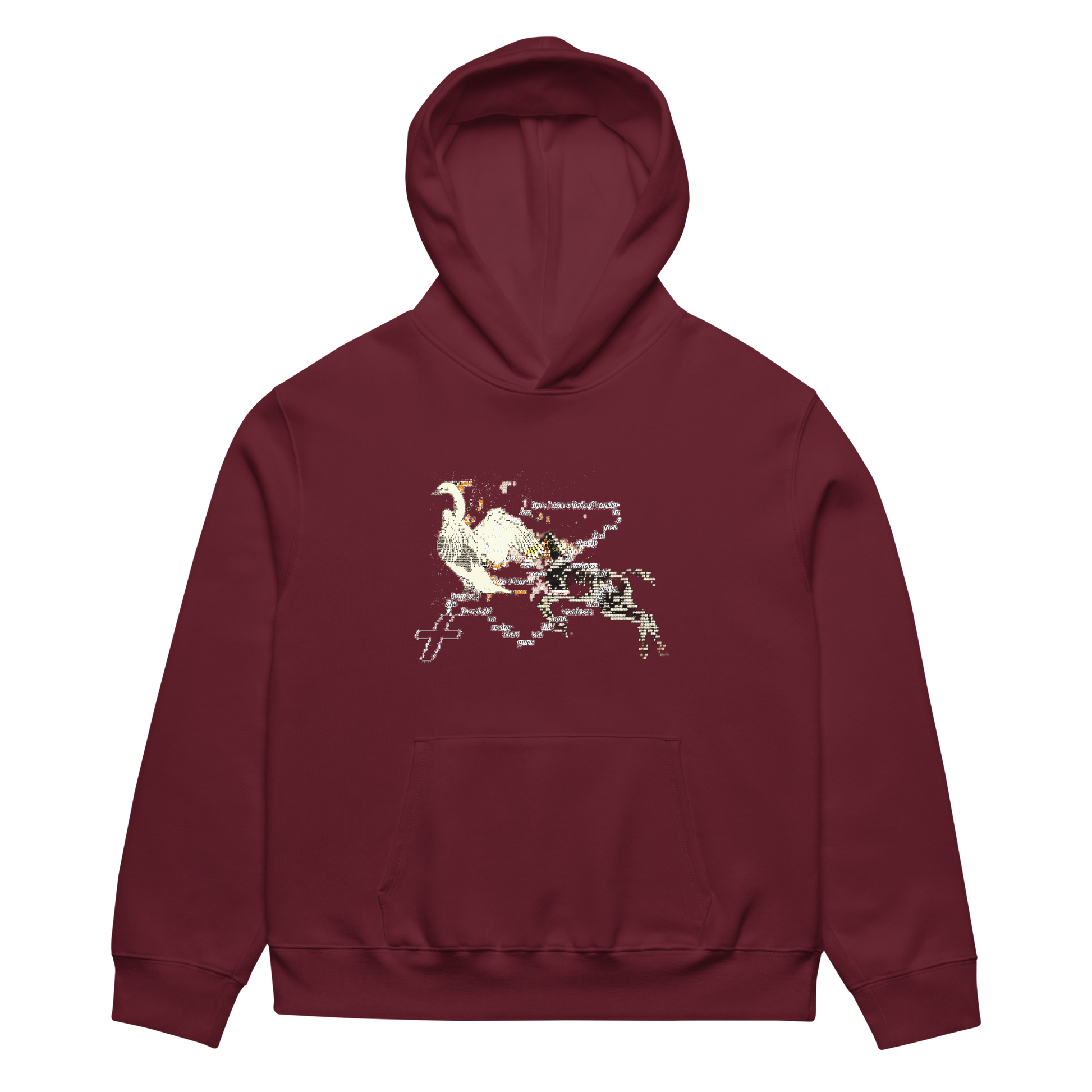 Maroon hoodie with graphic design on a white background