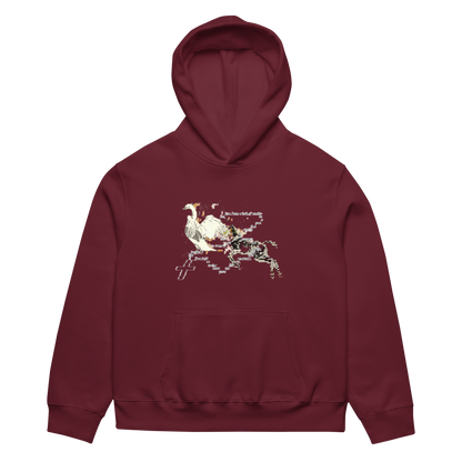 Maroon hoodie with graphic design on a white background