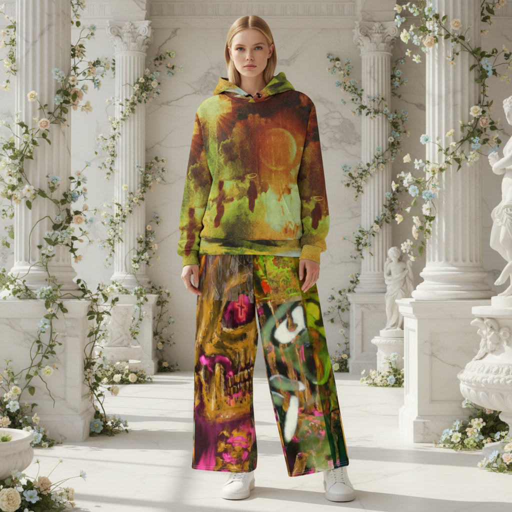 A model stands in a classical white marble colonnade decorated with white flowers, wearing a matching two-piece hoodie and wide-leg pants set featuring a vibrant, surreal graphic print of a skull, moon, and abstract organic shapes in green, yellow, orange, and pink.