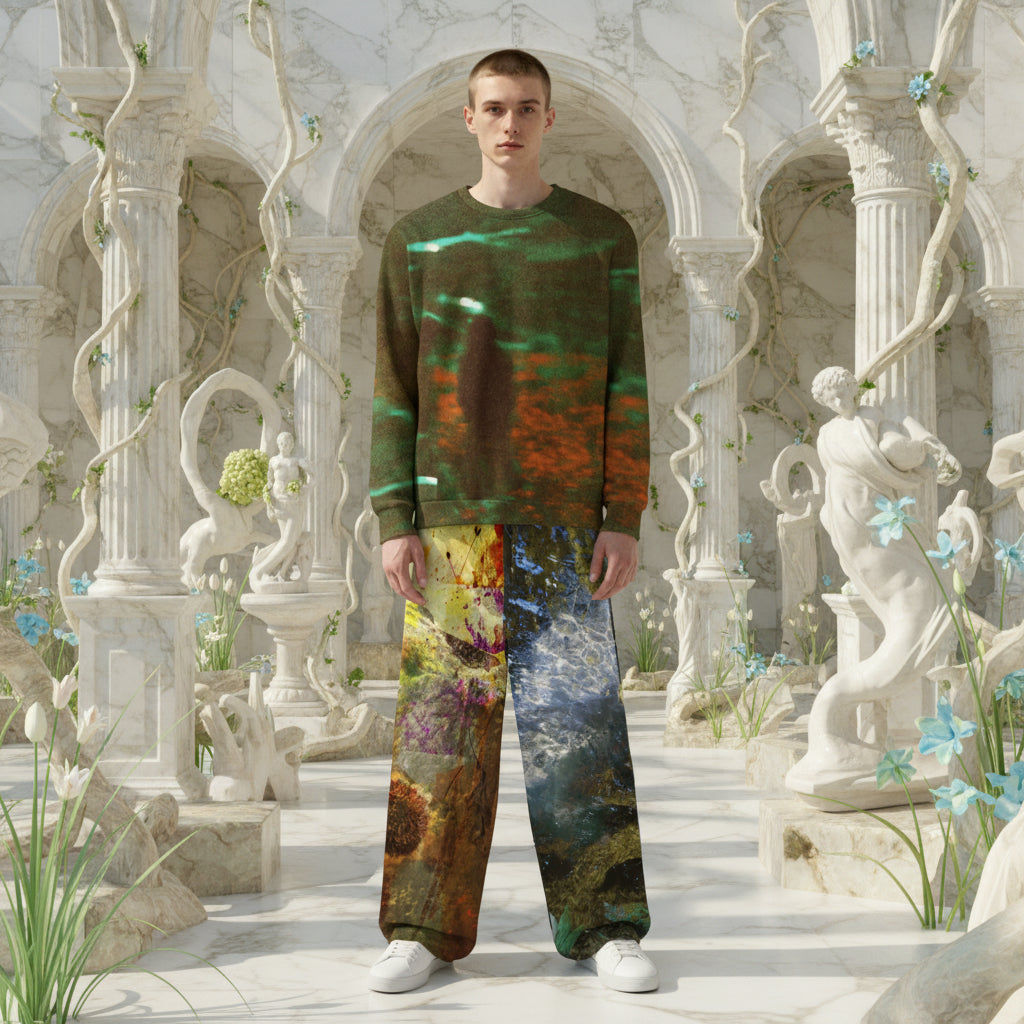 A male model stands in a classical marble garden courtyard wearing a crewneck sweatshirt and matching wide-leg sweatpants with a surreal, multicolored abstract print. The print features green, orange, yellow, and blue tones resembling a blend of landscapes and textures.