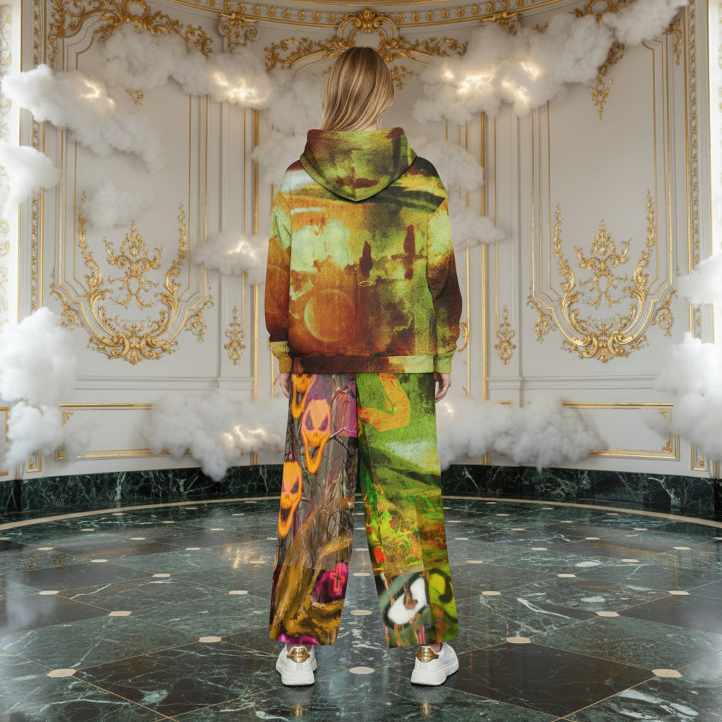 A person stands with their back to the camera in an ornate, classical room with gold-trimmed walls and white clouds floating around them, wearing a matching two-piece hoodie and wide-leg pants set with a vibrant, multicolored abstract print featuring green, orange, yellow, and purple.