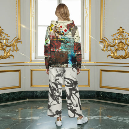 A woman stands with her back to the camera in an ornate room with gold-trimmed walls and a marble floor, wearing a multicolor abstract-print hoodie and matching wide-leg pants with white sneakers.