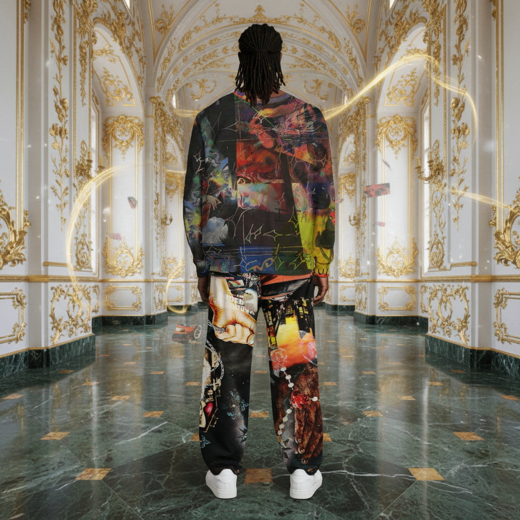 A person stands with their back to the camera in an ornate, gold-accented white hallway with a polished green marble floor, wearing a colorful abstract-patterned sweatshirt and matching sweatpants with white sneakers.