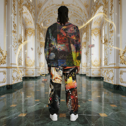 A person stands with their back to the camera in an ornate, gold-accented white hallway with a polished green marble floor, wearing a colorful abstract-patterned sweatshirt and matching sweatpants with white sneakers.