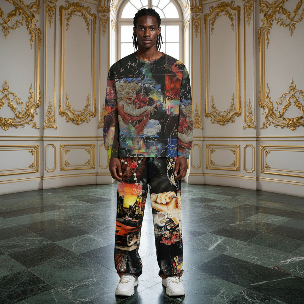 A man stands in a grand, ornate room with gold-trimmed walls and a polished dark marble floor, wearing a matching long-sleeve sweatshirt and sweatpants set featuring a highly detailed, multicolor collage print of classical paintings and portraits.