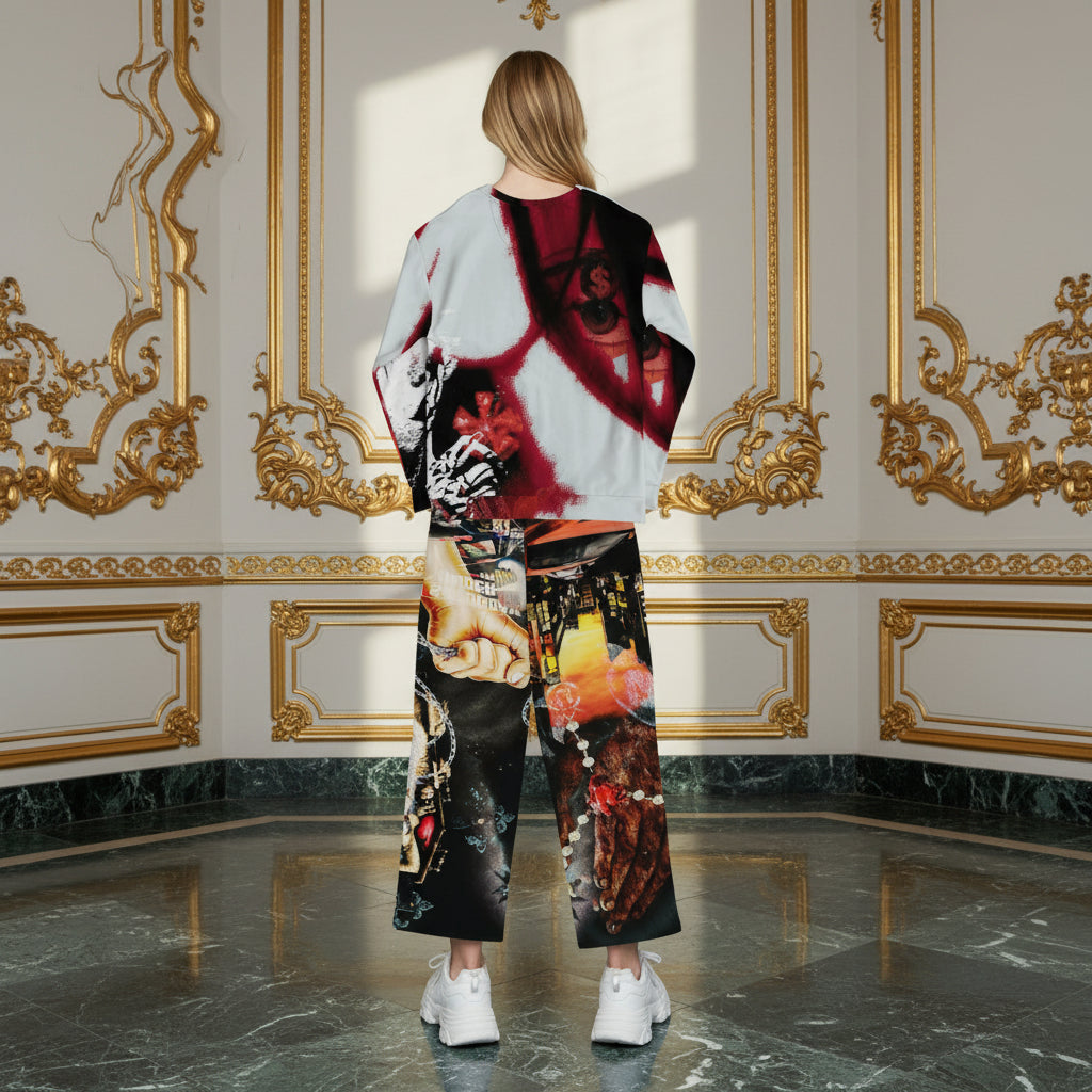 A model stands with their back to the camera in an ornate room with gold baroque wall paneling and a polished marble floor, wearing a white sweatshirt and matching wide-leg pants featuring a complex, colorful graphic print.