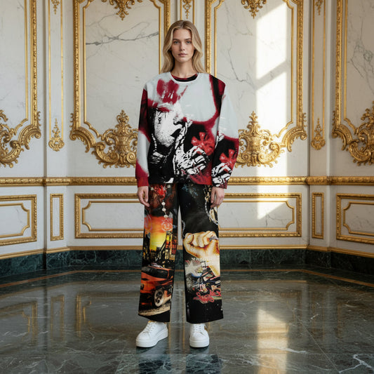A model stands in a luxurious room with gold-trimmed walls and marble floors, wearing a matching two-piece set featuring a long-sleeve top and wide-leg pants with complex, colorful graphic prints.