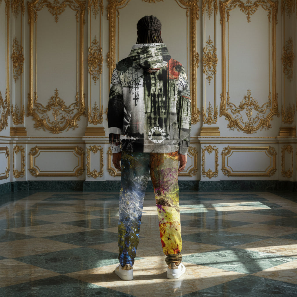 A person stands with their back to the camera in an ornate, gold-accented room with marble floors, wearing a complex, multi-colored graphic hoodie and matching patterned joggers.