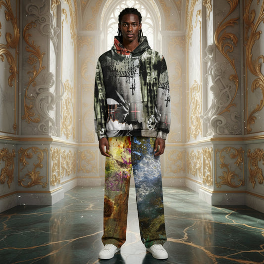 A man stands in a grand, ornate interior hallway wearing a graphic hoodie and matching multicolor patterned pants with white sneakers. The background features classical white and gold wall moldings and a polished dark marble floor.