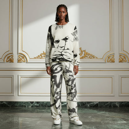 A model stands in a grand interior room wearing a matching two-piece lounge set featuring a black and white abstract brushstroke print on a cream base, paired with white sneakers.