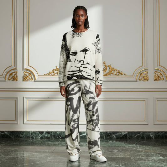 A model stands in a grand interior room wearing a matching two-piece lounge set featuring a black and white abstract brushstroke print on a cream base, paired with white sneakers.