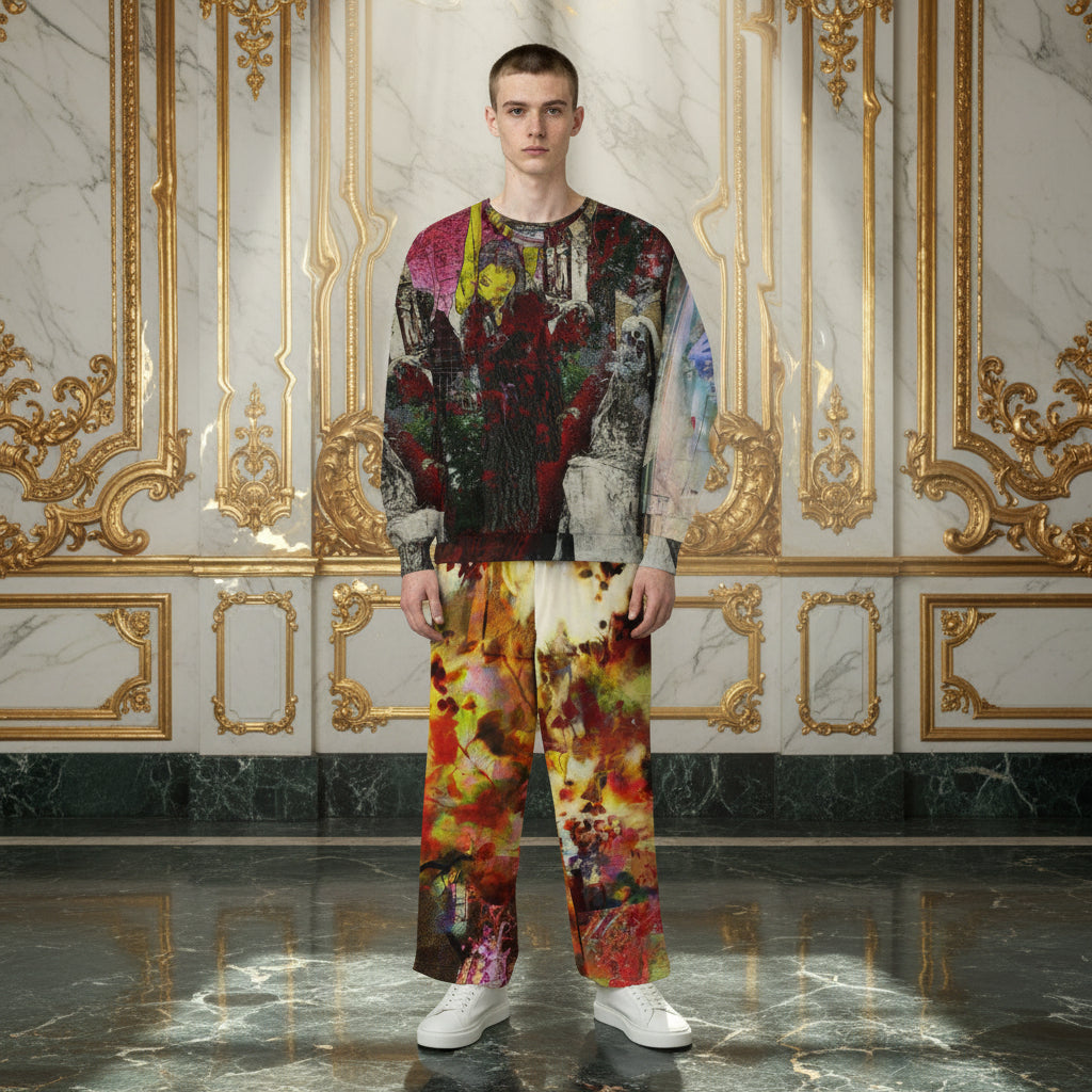 A male model stands in a luxurious room with gold-trimmed marble walls and a polished marble floor, wearing a long-sleeve crewneck sweatshirt and matching wide-leg trousers with a vibrant, multicolored abstract print, paired with white sneakers.