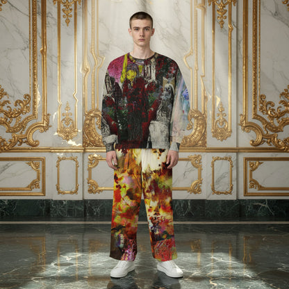 A male model stands in a luxurious room with gold-trimmed marble walls and a polished marble floor, wearing a long-sleeve crewneck sweatshirt and matching wide-leg trousers with a vibrant, multicolored abstract print, paired with white sneakers.