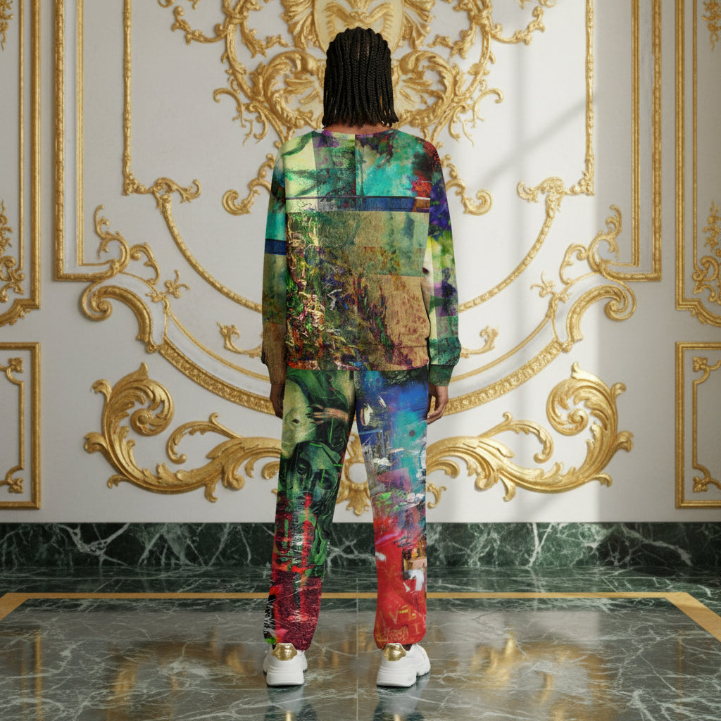 A model viewed from behind wearing a matching two-piece tracksuit with a vibrant, multicolored abstract paint-splatter pattern, standing in a luxurious room with gold ornate wall paneling and a marble floor.