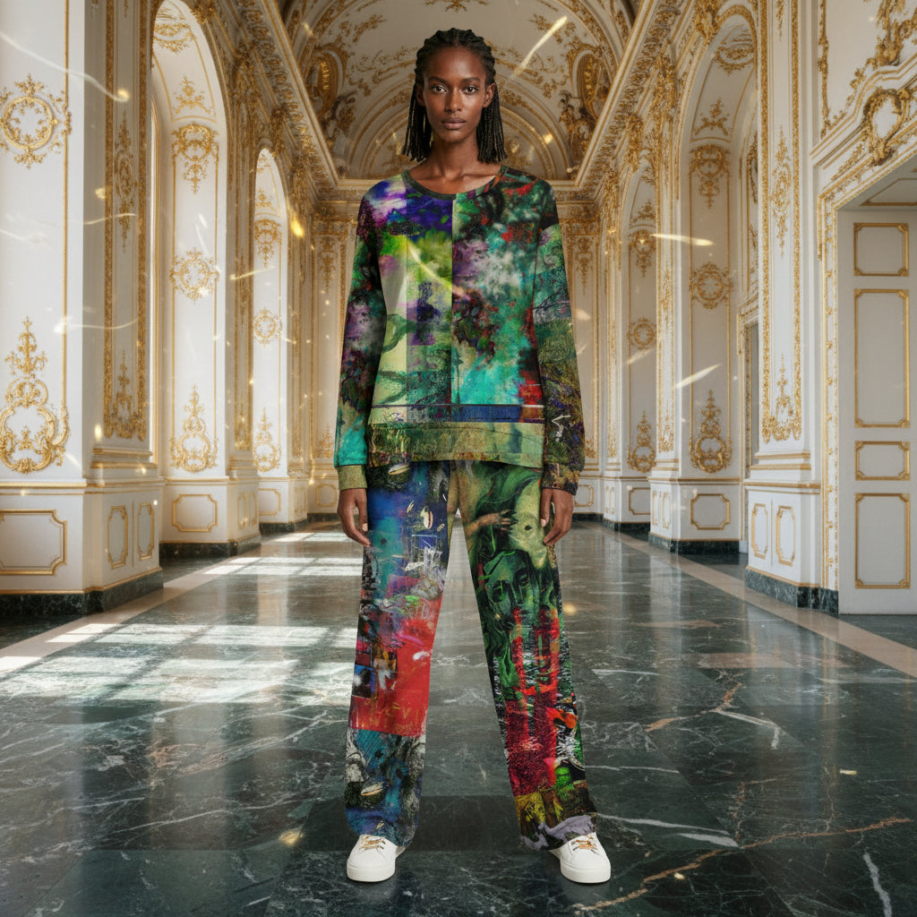 A model stands in a grand, ornate hallway wearing a matching long-sleeve top and wide-leg pants set in a vivid, multicolored abstract paint-splatter print. The outfit features a mix of green, blue, red, purple, and yellow tones.