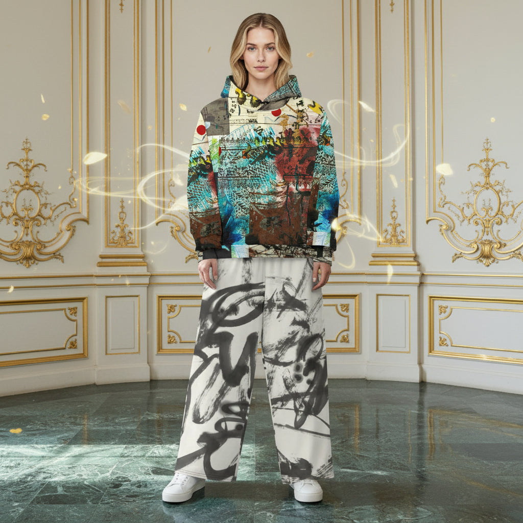 A model stands in a luxurious room with gold-trimmed cream walls and a polished marble floor, wearing a colorful abstract art print hoodie and white sweatpants with black graffiti-style markings.