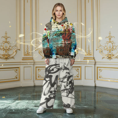 A model stands in a luxurious room with gold-trimmed cream walls and a polished marble floor, wearing a colorful abstract art print hoodie and white sweatpants with black graffiti-style markings.